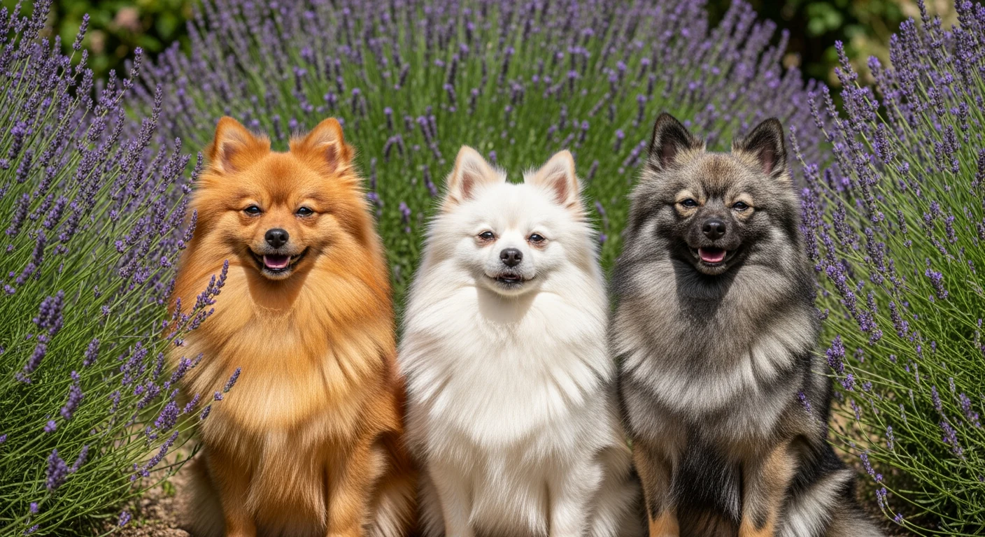 Trois Petit Spitz au pelage dense, photographiés ensemble dans un cadre naturel