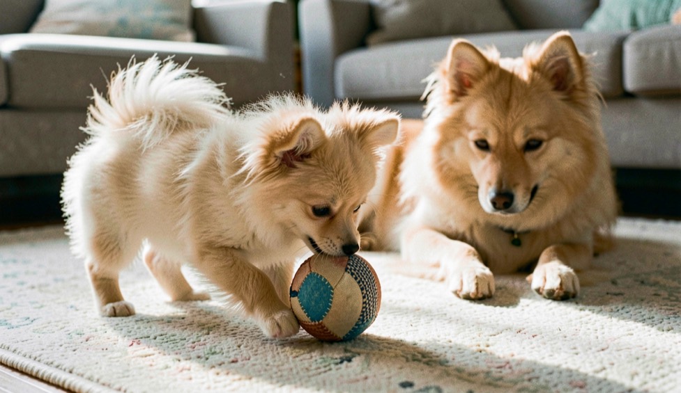 Chiot spitz allemand crème de sept semaines, boule de fourrure aux petites oreilles dressées et au museau de renard, qui renifle une balle en tissu sur un tapis de salon, sa mère spitz crème à collerette fournie couchée en arrière-plan, lumière douce de fin d'après-midi