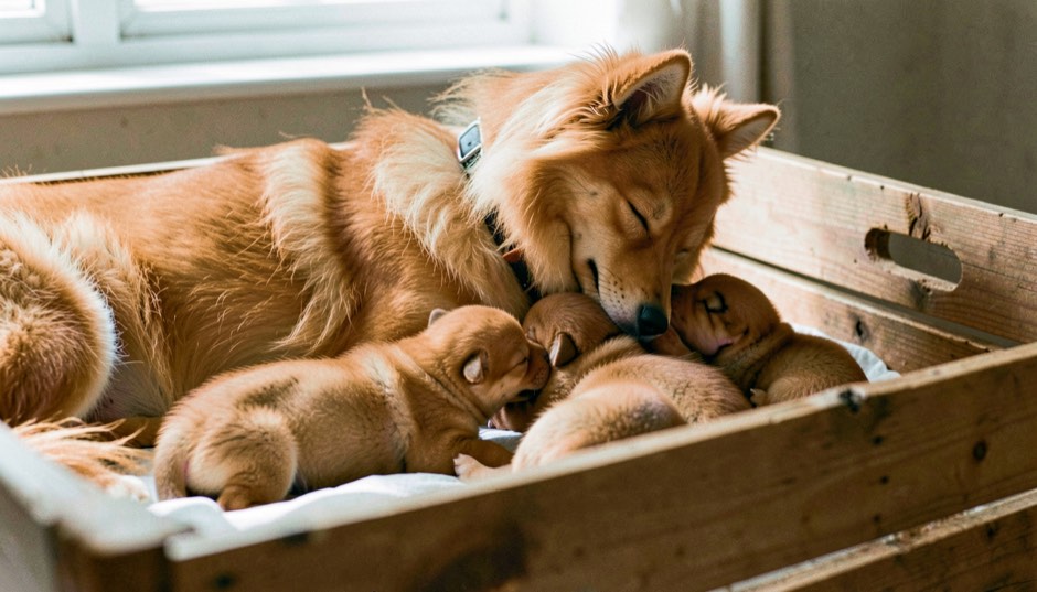 Trois chiots spitz allemand nouveau-nés, minuscules, au poil ras orange et aux yeux fermés, qui tètent contre le ventre de leur mère, une chienne spitz orange à fourrure bouffante et collerette épaisse, couchée dans une caisse de mise bas en bois, lumière douce de fenêtre