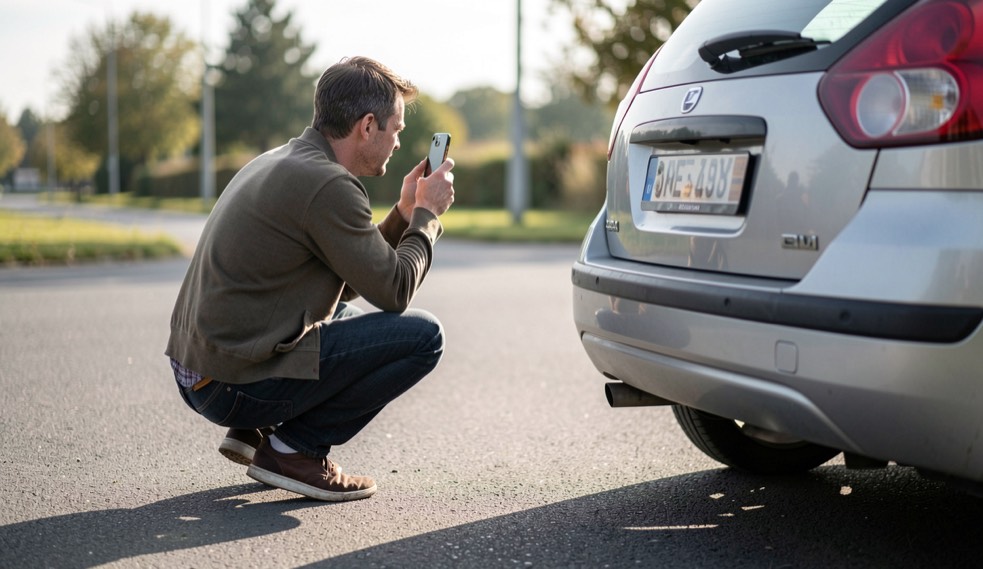 Homme accroupi au bord d'une route qui photographie avec son téléphone le pare-chocs arrière d'une voiture grise garée, en lumière rasante