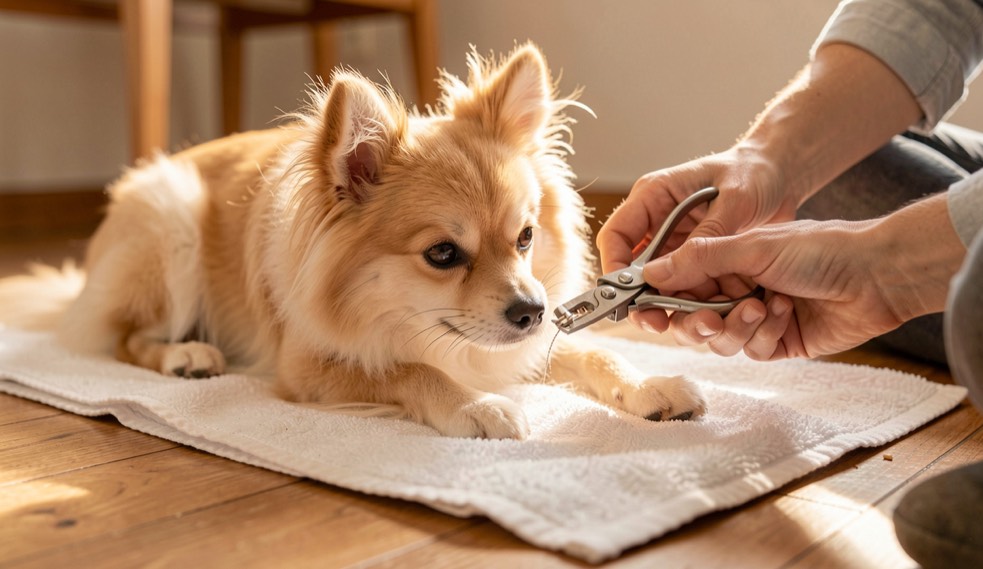Mains qui coupent la griffe d'un petit spitz crème et orange couché sur une serviette blanche, sur un parquet clair, lumière chaude