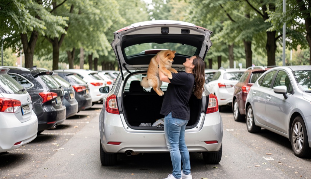 Femme qui soulève un petit spitz orange dans ses bras hors du coffre ouvert d'une voiture, sur un parking bordé d'arbres où les voitures sont serrées